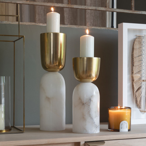 NOVA Marble and Gilded Metal Candle Holder - Small Model - H. 31 cm