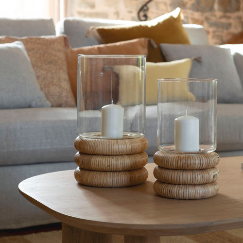 BOLINE Candle holder in glass and rattan - Small model - ø 16 x 28.5 cm