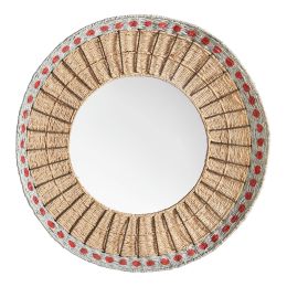 Miroir ORMA en corde de papier - Naturel et corail - ø 75 cm