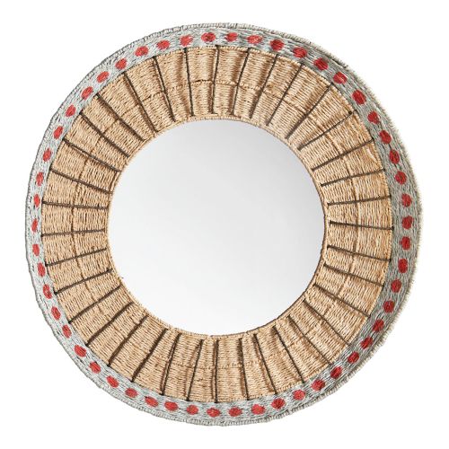 Miroir ORMA en corde de papier - Naturel et corail - ø 75 cm