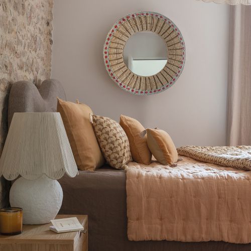 ORMA Mirror in paper cord - Natural and coral - ø 75 cm